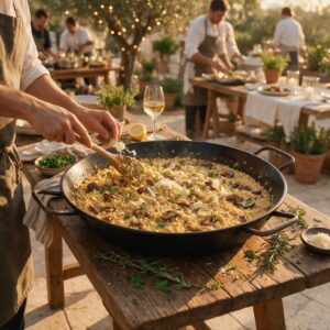 Risotto wird live in großer Pfanne zubereitet