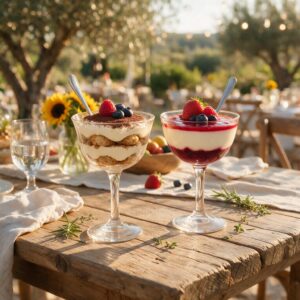 Zwei Dessertgläser mit Tiramisu und Panna Cotta